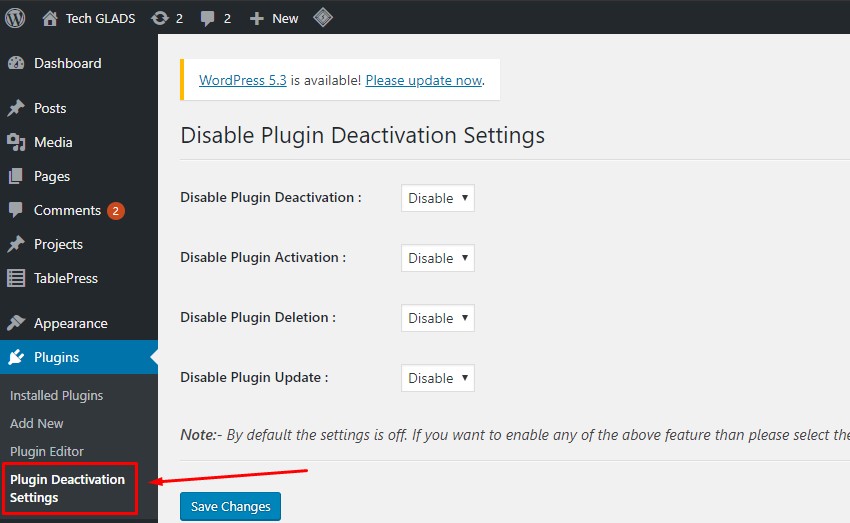 plugin deactivation settings